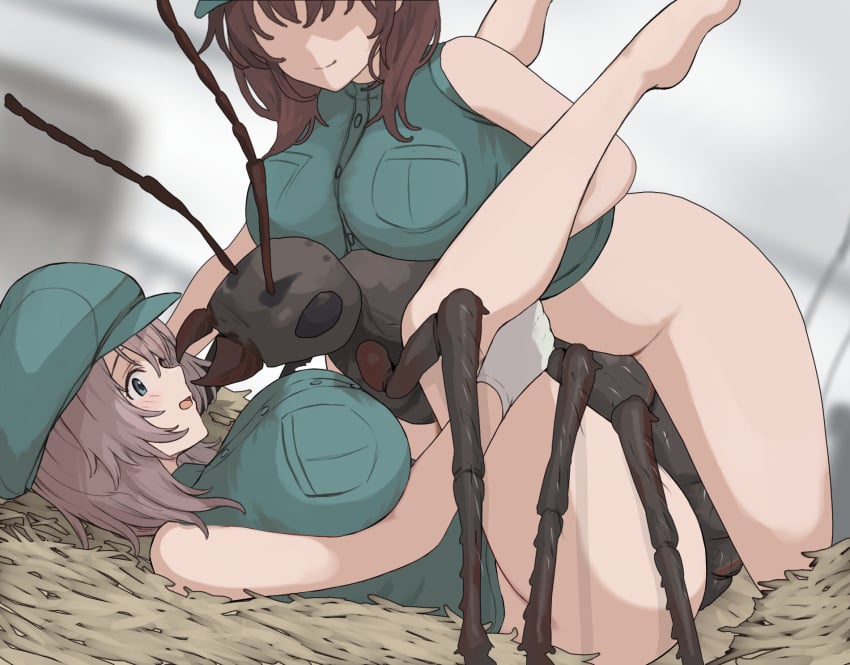 2girls ant breast_press breasts brown_hair bug gloves green_eyes hands_on_own_thighs hat highres implied_sex insectophilia interspecies large_breasts multiple_girls open_mouth original ryu_insect short_hair spread_legs straight thighs white_gloves zoophilia