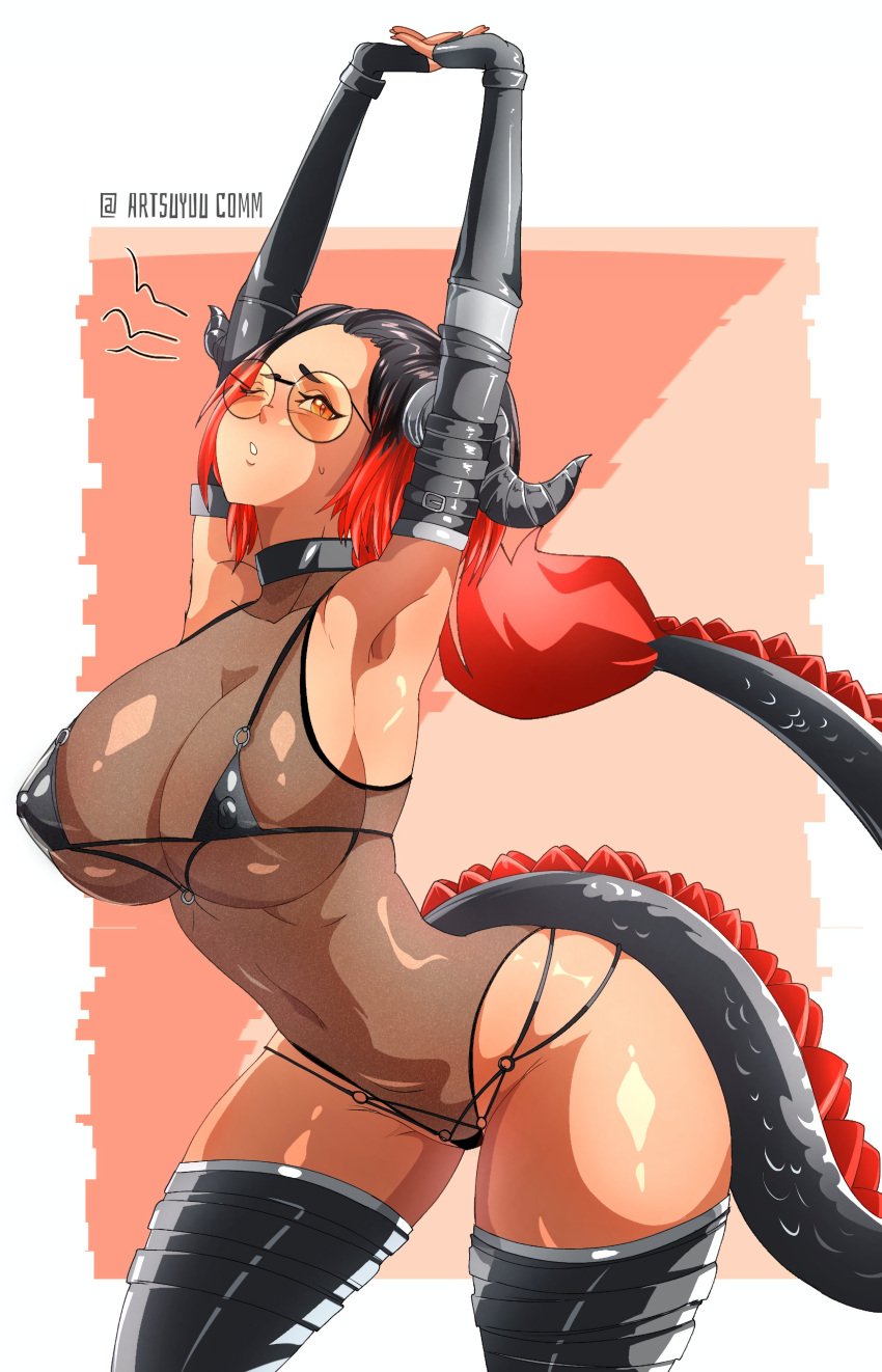 1girls adc adc_vr adcvr areolae armpits arms_above_head big_breasts black_hair boyfu breasts cleavage clothed clothed_female clothes clothing dark-skinned_female dark_skin dragon dragon_girl dragon_horns dragon_tail glasses horns indie_virtual_youtuber nipple_bulge orange_eyes red_hair solo solo_female stretching suyuu tagme tail thick_thighs thighhighs thighs translucent translucent_clothing virtual_youtuber vrchat vtuber