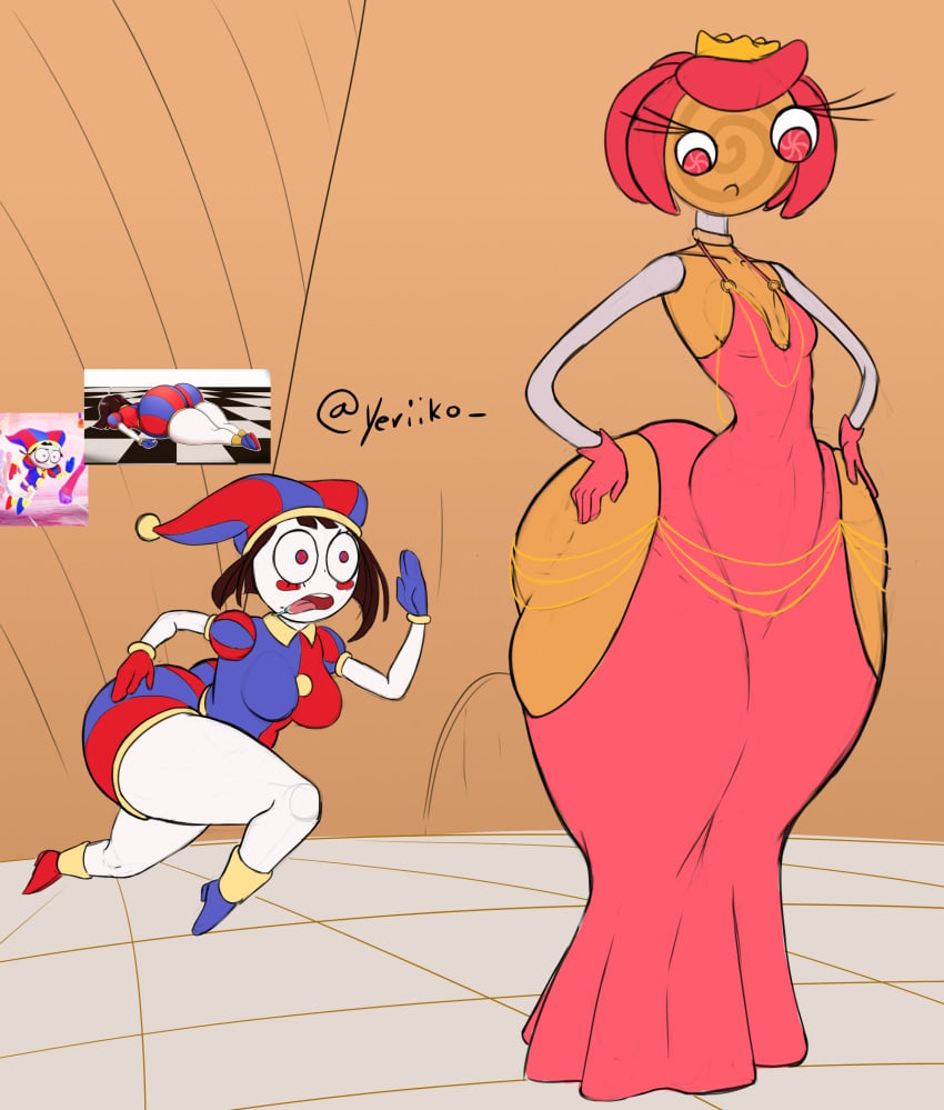 2girls accurate_body_type ass big_ass bottom_heavy clothed clothed_female dress female female_only full_body huge_ass jester jester_outfit modakawa_dress pomni pomni_(the_amazing_digital_circus) princess princess_loolilalu running the_amazing_digital_circus yeriiko