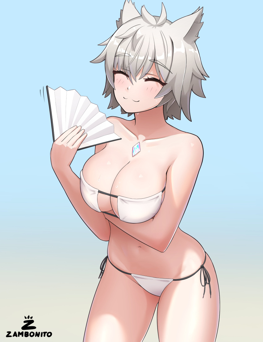 :3 big_breasts bikini cat_ears catgirl core_crystal grey_hair hand_fan na'el_(xenoblade) tagme xenoblade_(series) xenoblade_chronicles_3 zambonito