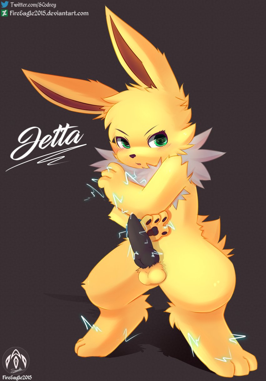 1boy 2019 absurd_res animal_genitalia animal_penis anthro anthrofied black_background black_penis blush bracelet canine canine_penis dark_background eeveelution electricity feet furry green_eyes hi_res jetta_the_jolteon jewelry jolteon knot male male_only nintendo nude original_character paws penis pokémon_(species) pokemon pokemon_rgby precum senz standing testicles text thick_thighs twitter_username url video_games watermark white_fur yellow_fur