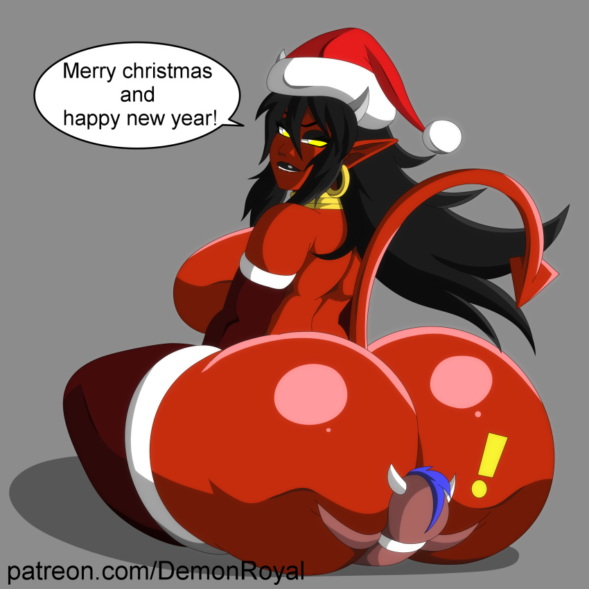 ! black_hair christmas demon_girl demon_tail demonroyal doll eyelashes eyeshadow hoop_earrings huge_ass lipstick pointy_ears porscha red-skinned_female red_skin royal_(demonroyal) royal_(doll_form) santa_hat sitting_on_face stockings tagme thick_thighs yellow_eyes