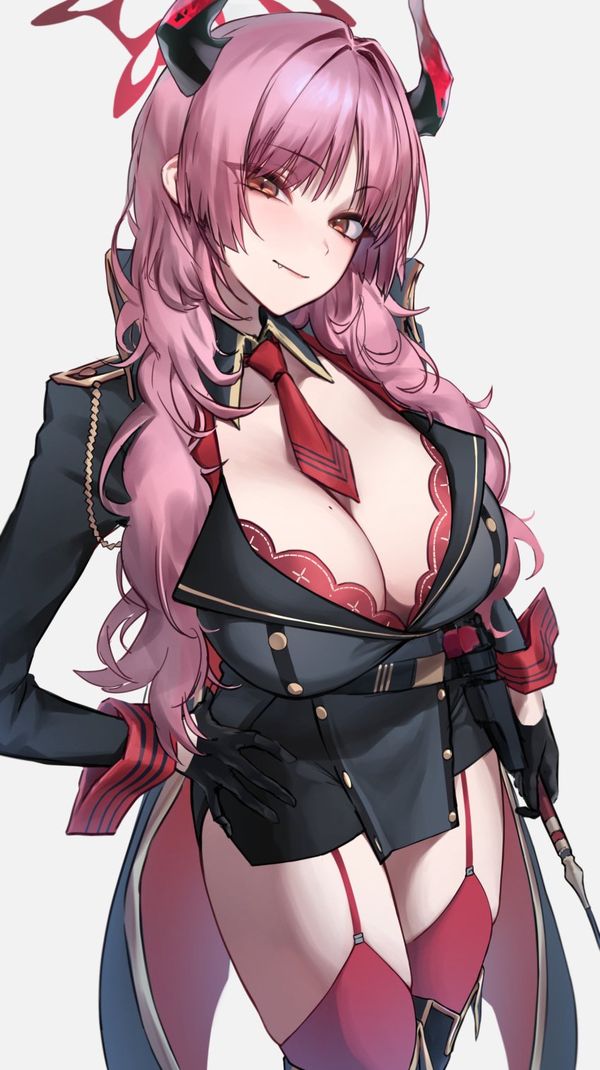 1girls big_breasts blue_archive breasts busty cleavage curvaceous curvy curvy_body curvy_female curvy_figure cute_fang female garter_straps gehenna_academy_student gloves horns huge_breasts large_breasts mole mole_on_breast monegi necktie pandemonium_society_(blue_archive) pink_hair satsuki_(blue_archive) thighhighs voluptuous