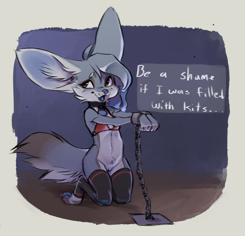 2019 anthro big_ears bottomless bound bra breasts brown_eyes canid canine clothed clothing collar dialogue english_text female fennec fox fur grey_fur hair handcuffed hi_res kneeling leggings legwear mammal maxine mostly_nude open_mouth paws pussy reign-2004 small_breasts socks solo submissive_female text toeless_socks underwear