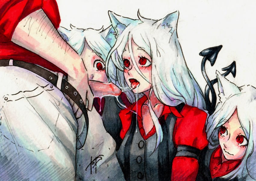 1boy 3girls cerberus_(helltaker) clothes demon_girl demon_tail fellatio helltaker helltaker_(character) light-skinned_female light-skinned_male oral plagueart red_eyes saliva saliva_trail straight tagme traditional_media_(artwork) white_hair