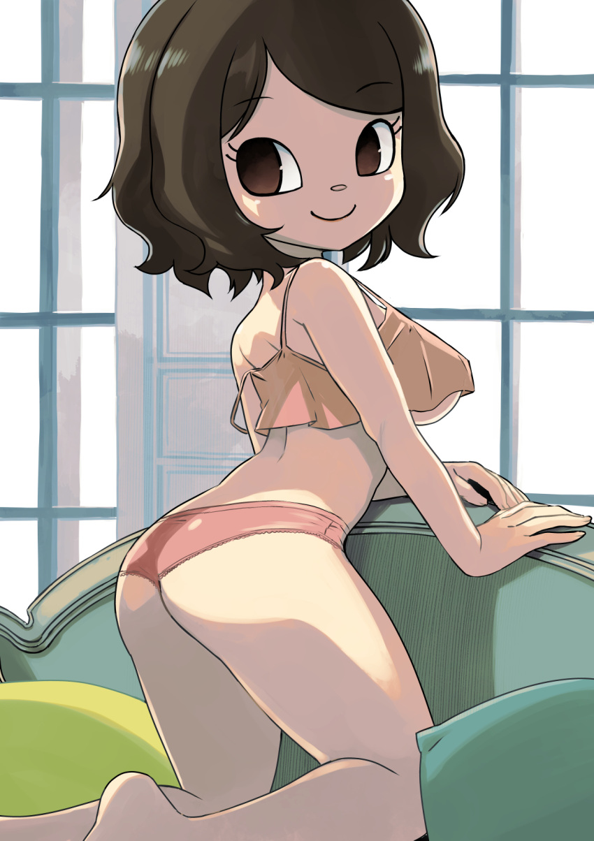 1girls animal_crossing ass barefoot brown_hair clothed female female_only light-skinned_female light_skin looking_at_viewer muramasa_mikado murana_(muramasa_mikado) nintendo only_player panties short_hair smile solo tagme underboob