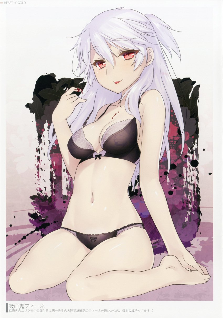 47agdragon :p absurdres bare_arms bare_legs bare_shoulders barefoot black_bra black_panties blood blood_on_hands blush bra breasts cleavage closed_mouth collarbone female highres long_hair looking_at_viewer medium_breasts multicolored_background navel one_side_up original panties red_eyes scan semi-rimless_eyewear shiny_skin silver_hair sitting skindentation smile solo stomach swept_bangs tongue tongue_out translation_request tsurime under-rim_eyewear underwear wariza