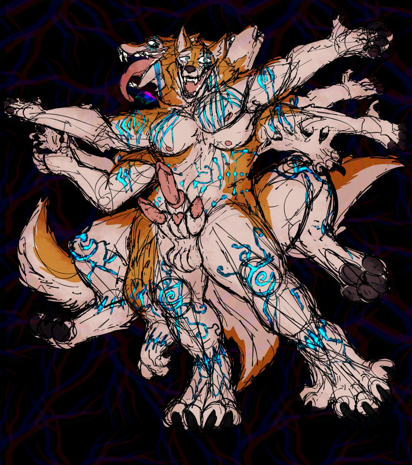 absurd_res anthro balls canid canine canis cerberus_conjoinment clapping conjoined dancing dazed(saltysteakk) deranged dingo genitals hi_res male mammal mid_transformation monster multi_arm multi_balls multi_genitalia multi_head multi_leg multi_limb multi_pec multi_penis multi_tail open_mouth pawpads penis scared smile solo spread_arms tail tattoo tetraphallia transformation yonnixart