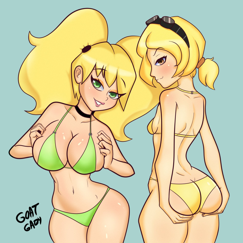 2girls ass ass_focus ass_grab big_breasts bikini blonde_female blonde_hair blonde_hair_female breast_grab breasts brown_eyes duo duo_female female female/female female_focus female_only female_with_female girls girls_only goatgaby green_bikini green_eyes holding_ass holding_breast looking_at_viewer only_female original original_character original_characters ponytail small_breasts smile smiling smiling_at_viewer yellow_bikini