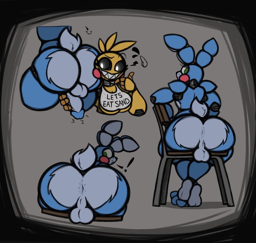 absurd_res animatronic anthro anus ass avian balls big_balls big_butt big_penis bird blush blush_stickers chair chicken duo exclamation_point female femboy five_nights_at_freddy's five_nights_at_freddy's_2 furniture galliform gallus_(genus) genitals green_eyes hi_res lagomorph leporid looking_back machine male male/female mammal on_chair penis phasianid rabbit robot scottgames scut_tail short_tail tail thfooxxir toy_bonnie_(fnaf) toy_chica_(fnaf)