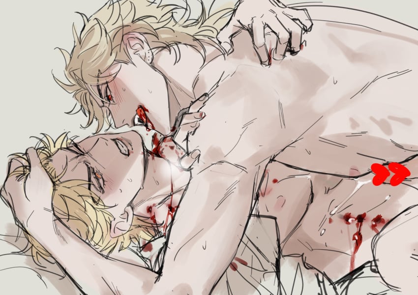 2boys :q birthmark black_nails bleeding blonde_hair blood blush bustersiri censored cum dio_brando ear_birthmark grabbing_another's_hair heart heart_censor jojo's_bizarre_adventure licking_lips male_focus missionary multiple_boys nude open_mouth phantom_blood red_eyes selfcest sex shirt simple_background stardust_crusaders toned toned_male tongue tongue_out vampire white_background white_shirt yaoi yellow_eyes