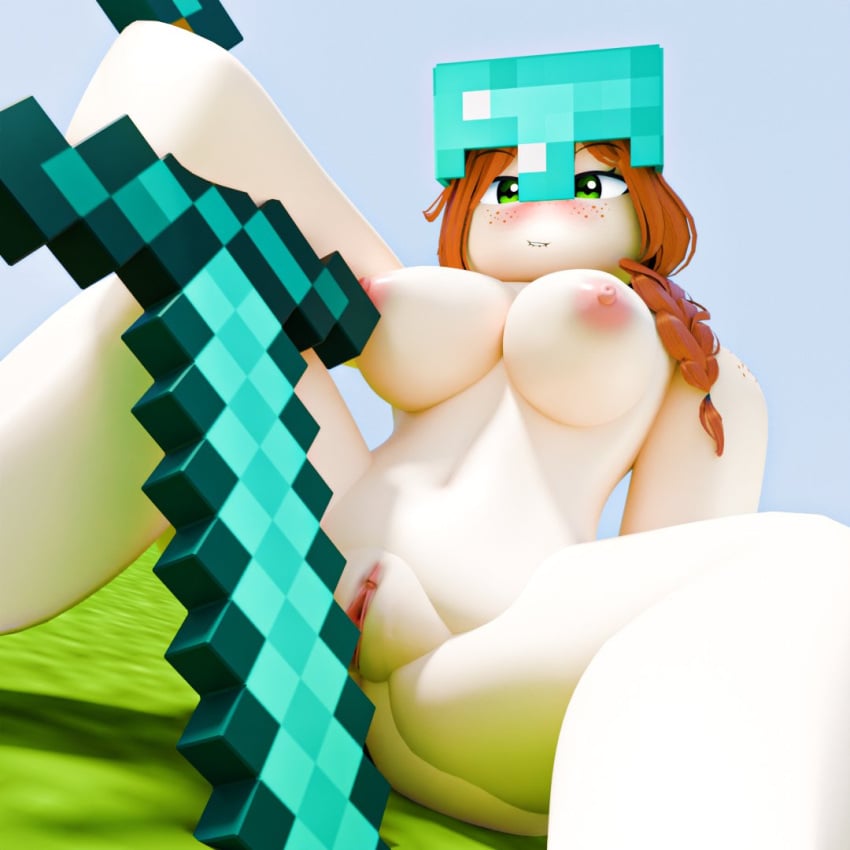 1girls 3d alex_(minecraft) barefoot completely_nude completely_nude_female female female_only full_body helmet helmet_only long_hair minecraft naked naked_female nomice0 nude nude_female orange_hair pussy roblox robloxian shield sitting smile solo solo_female spread_legs sword