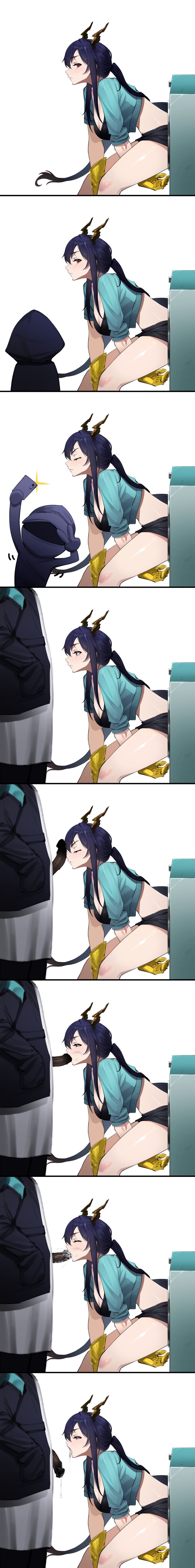 1boy 1boy1girl 1girls 7koma annoyed annoyed_expression arknights bare_navel blue_hair boob_window cheek_bulge chen_(arknights) crop_top_jacket cum cum_in_mouth doctor_(arknights) dragon_girl dragon_horns dragon_tail fellatio ghosty223 ghosty_(xiaobai) gloves hair_between_eyes horns hypergryph impending_blowjob interspecies penis_in_mouth ponytail red_eyes shorts simple_background stuck stuck_in_object tail veiny_penis yellow_gloves