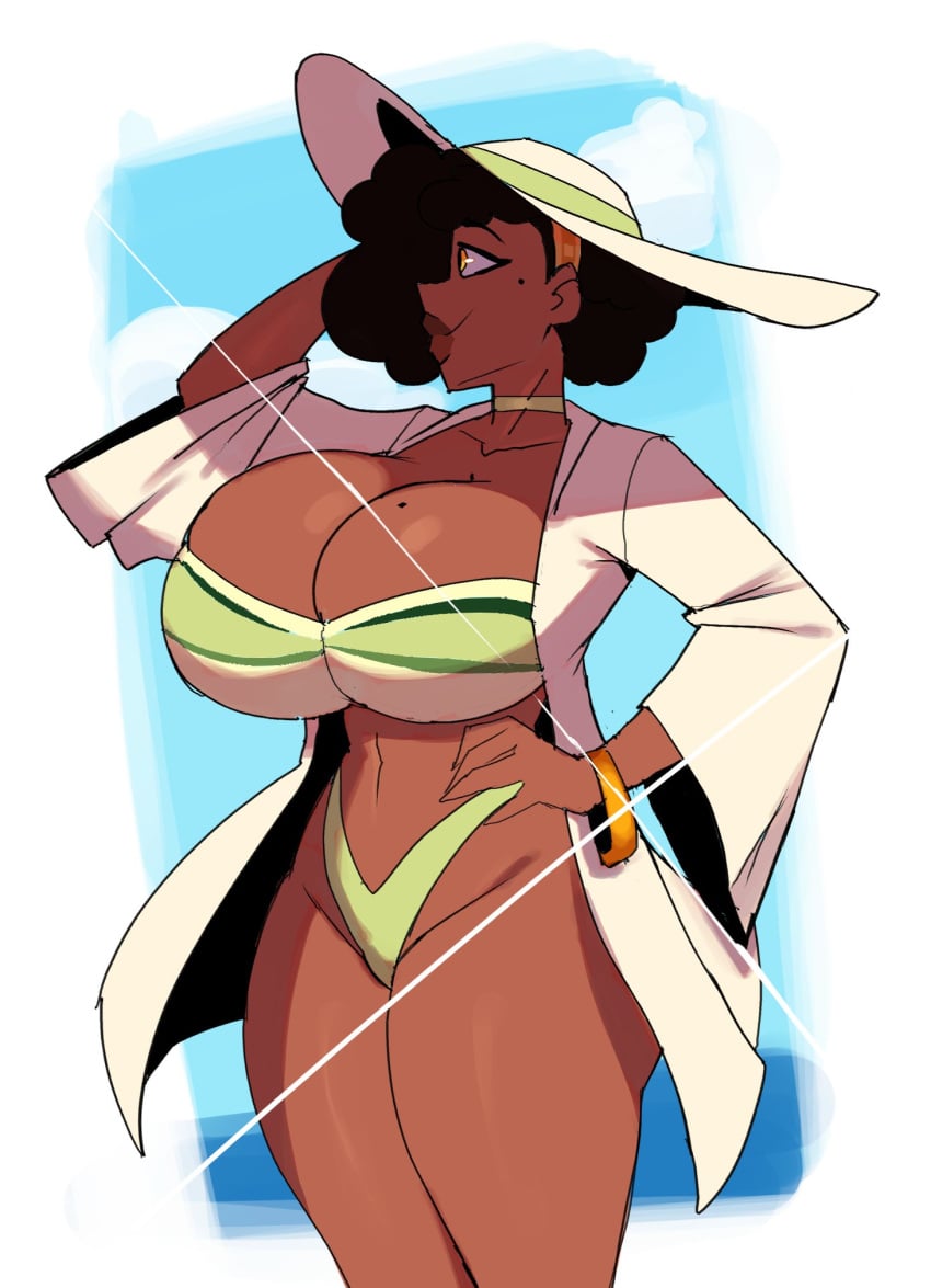 1girls big_breasts black_hair bracelet breasts cleavage curvy dark_skin furiousart green_bikini hand_on_hip hat highleg huge_breasts jewelry lips mole navel oc original short_hair solo swimsuit thick_thighs thighs