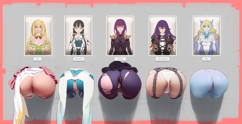 5girls anus ass exposed_pussy fate/grand_order fate_(series) female_only glory_hole glory_wall hijiri_byakuren multiple_girls name_tag neptunia_(series) panties photo photo_(object) pussy rosty_(monster_musume) scathach_(fate) stuck_in_wall tagme through_wall torn_clothes touhou unzipped_bodysuit vert zipper