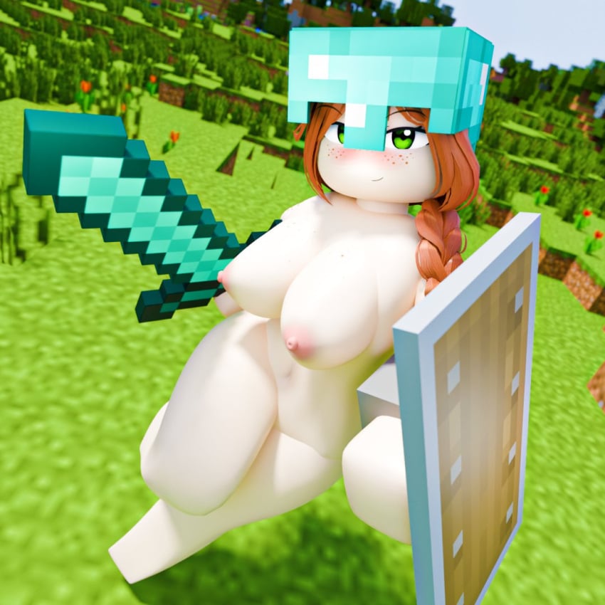 1girls alex_(minecraft) barefoot completely_nude completely_nude_female female female_only full_body helmet helmet_only long_hair minecraft naked naked_female nomice0 nude nude_female orange_hair roblox shield smile solo solo_female sword