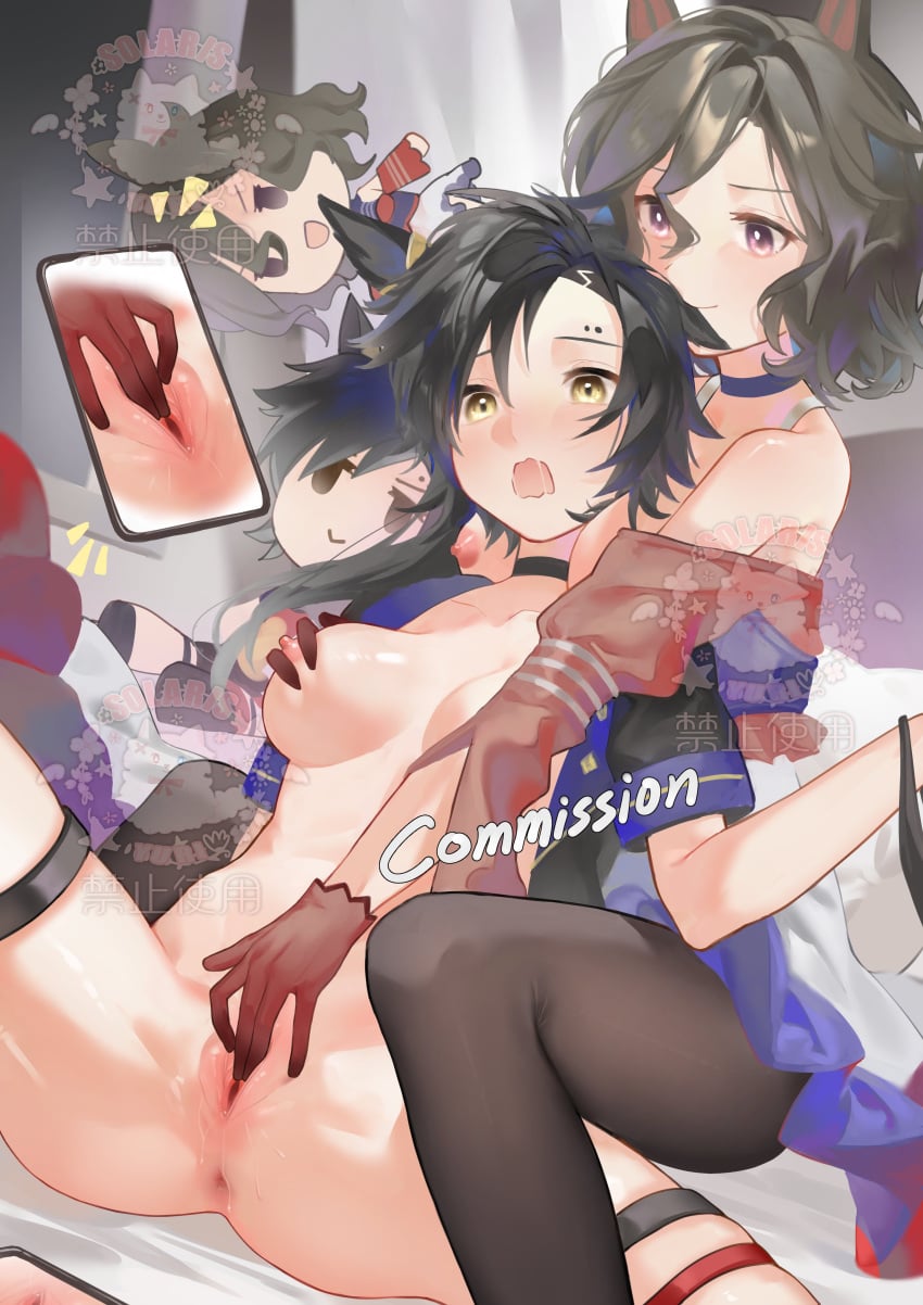 2girls absurdres air_shakur_(umamusume) air_shakur_(unsigned)_(umamusume) animal_ears anus artist_logo bare_shoulders behind_another between_breasts black_choker black_hair blush bottomless breasts breasts_out cellphone character_doll choker closed_mouth commentary commission doll dress eyebrow_piercing face_piercing fingering fingering_from_behind gloves grabbing_another's_breast groping hair_between_eyes highres horse_ears horse_girl horse_tail indoors large_breasts leaning_back logo long_hair looking_at_another medium_hair multiple_girls nipples no_bra off-shoulder_dress off_shoulder open_clothes open_mouth outstretched_arm panties pantyhose phone piercing purple_eyes pussy pussy_juice raised_eyebrows recording saliva sitting smartphone smile solarisyuri! spread_legs tail tap_dance_city_(glitter!)_(umamusume) tap_dance_city_(umamusume) thigh_strap umamusume uncensored underwear untranslatable_commentary variant_set watermark yellow_eyes yuri