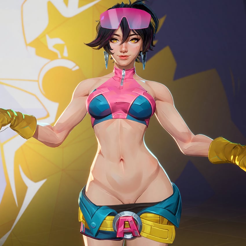 ai_generated black_hair blue_shorts chinese chinese_female edit edited edited_screencap jacket jubilee jubilee_(marvel_rivals) marvel marvel_rivals midriff midriff_baring_shirt pussy_peek shorts sunglasses sunglasses_on_head vampire vampire_girl x-men yellow_eyes yellow_jacket