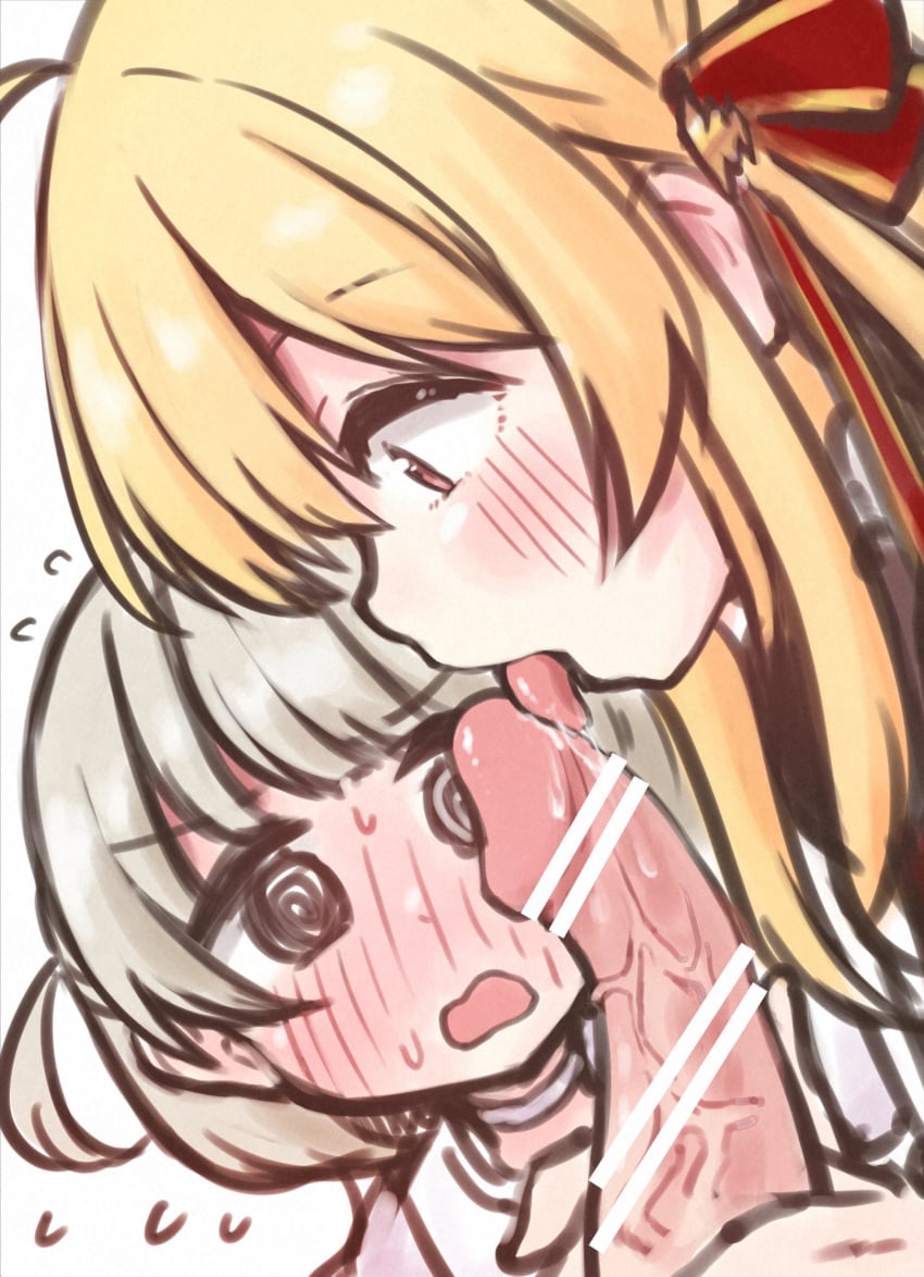 1boy 2girls ahoge bar_censor blonde_hair blush censored fellatio frenulum_stimulation hair_ribbon highres hololive hololive_dev_is licking licking_frenulum licking_penis long_hair multiple_girls open_mouth oral otonose_kanade penis red_eyes red_ribbon ribbon short_hair todoroki_hajime tongue tongue_out two_side_up veins veiny_penis virtual_youtuber yokaranuyakara