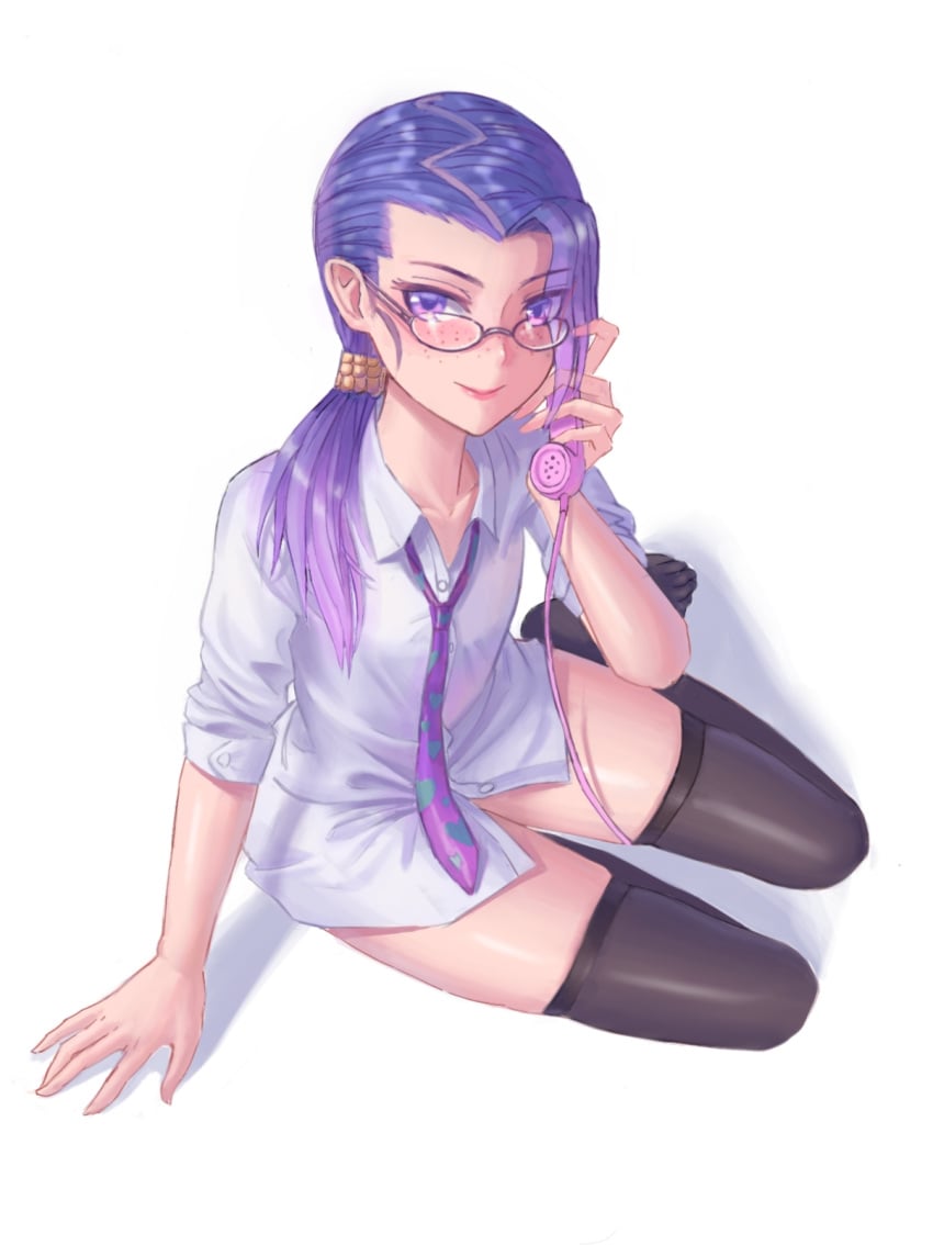 1boy androgynous bottomless femboy freckles girly glasses jojo's_bizarre_adventure kafkasea looking_at_viewer necktie phone_call purple_hair shirt soft_smile solo stockings tagme trap vento_aureo vinegar_doppio