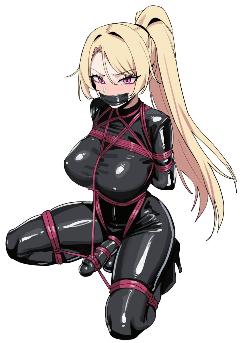 1girl absurdres arms_behind_back black_bodysuit blonde_hair blush bodysuit bound bound_arms bound_legs bound_penis breasts bright_pupils bulge commission covered_testicles erection erection_under_clothes full_body furrowed_brow futanari gag glaring high_heels highres improvised_gag large_breasts latex latex_bodysuit long_hair looking_at_viewer nose_blush original pink_eyes ponytail shibari simple_background solo squatting tape tape_gag very_long_hair white_background white_pupils wujack