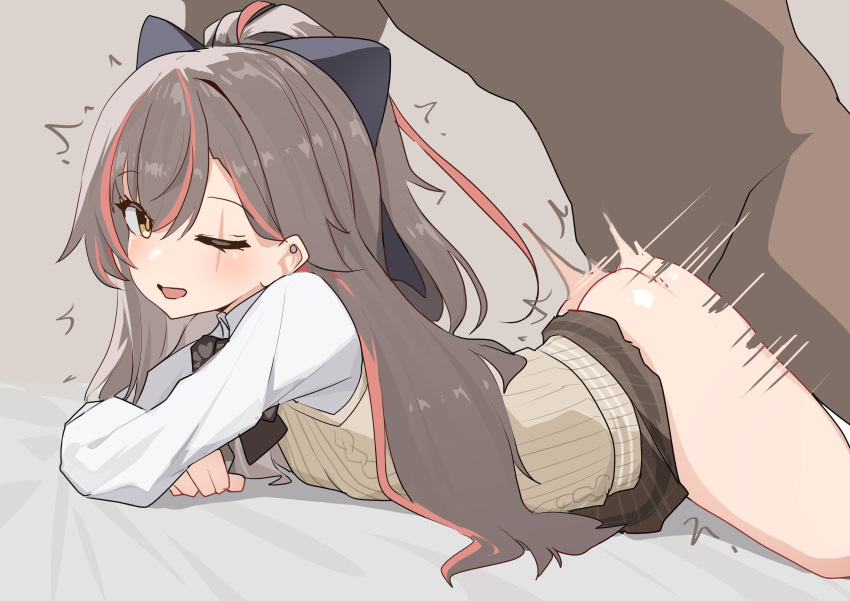 1boy 1girl absurdres black_ribbon blush bow brown_background brown_bow brown_cardigan brown_hair brown_skirt cardigan commentary_request dark-skinned_male dark_skin earrings flat_chest girls'_frontline girls'_frontline_2:_exilium hair_ribbon highres jewelry leva_(girls'_frontline_2) long_hair looking_at_viewer lying multicolored_hair official_alternate_costume on_stomach one_eye_closed open_mouth pink_streaks pleated_skirt prone_bone ribbon scar scar_across_eye scar_on_face school_uniform sex sex_from_behind shirt simple_background skirt streaked_hair twitching ump45_(girls'_frontline) vaginal white_shirt yanagui_yugi yellow_eyes