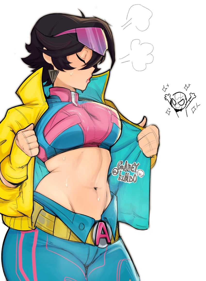 1girls big_breasts black_hair breasts closed_eyes clothed clothes clothing female_focus jubilation_lee jubilee jubilee_(marvel_rivals) kimboscraft marvel marvel_comics marvel_rivals midriff pants short_hair superhero superheroine sweat sweatdrop tagme tummy x-men