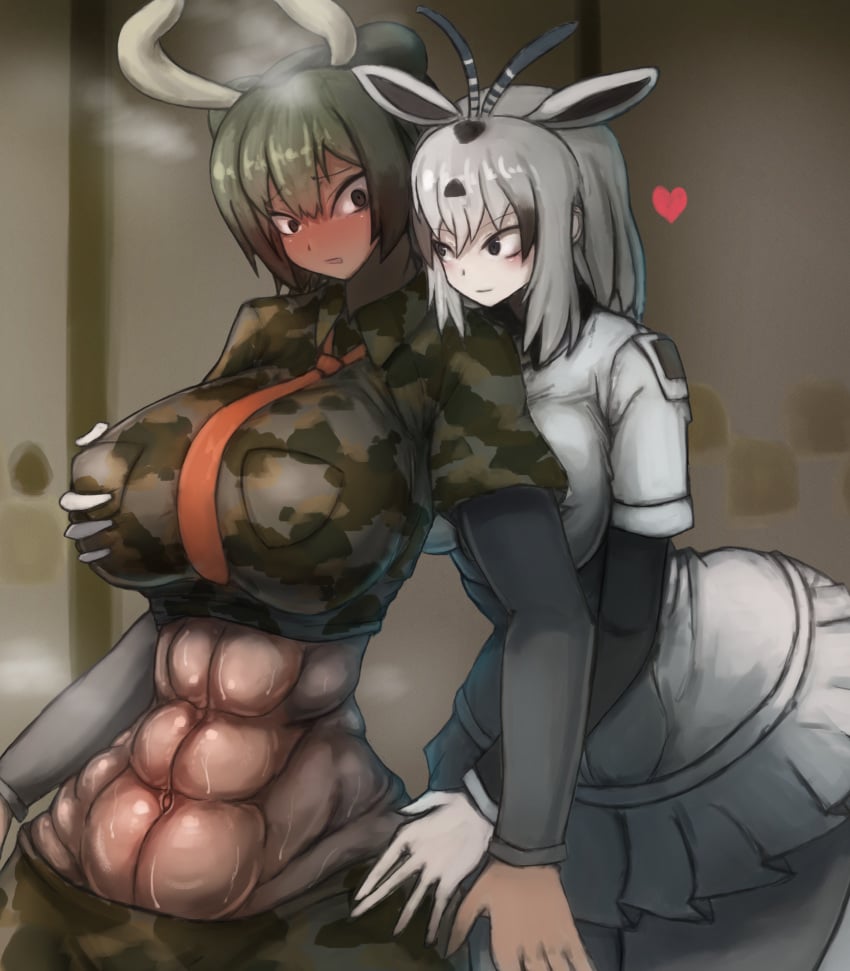 abs arabian_oryx_(kemono_friends) aurochs_(kemono_friends) big_breasts blush breast_grab breasts canvassolaris dark-skinned_female kemono_friends muscular muscular_female yuri