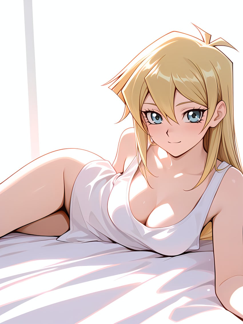 1girl absurd_res absurdres ai-created ai-generated ai_art ai_generated alexis_rhodes antenna_hair artist_name athletic_female bangs bare_shoulders bed_sheet blonde_hair blue_eyes blush boobs bottomless breasts bust chest cleavage closed_mouth collarbone female fit_female gumtoof hair_between_eyes hi_res high_quality high_resolution large_breasts long_hair looking_at_viewer lying medium_breasts morning no_panties on_bed on_side patreon patreon_username questionable shiny shiny_hair shiny_skin shirt sleeveless sleeveless_shirt smile solo solo_focus stable_diffusion straight_hair tagme tank_top tits uncensored white_shirt white_tank_top yu-gi-oh!