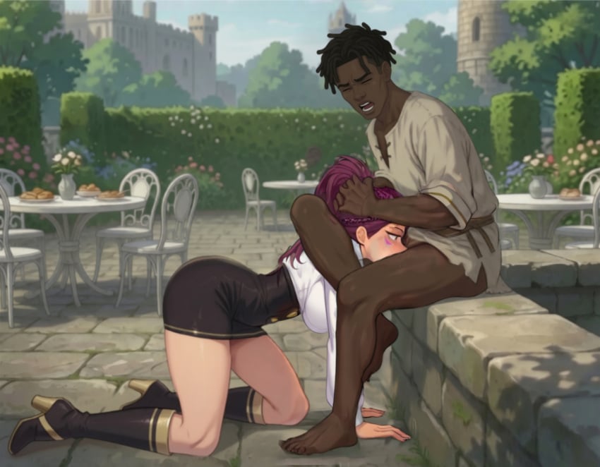 1boy 1girls ai_generated blackroga dark-skinned_male face_fucking facefuck fire_emblem fire_emblem:_three_houses garreg_mach_monastery_uniform grab_head grabbing head_grab high_heel_boots interracial leg_lock leg_lock_fellatio light-skinned_female on_hands_and_knees outdoors petra_macneary public purple_hair voluptuous young_male young_woman