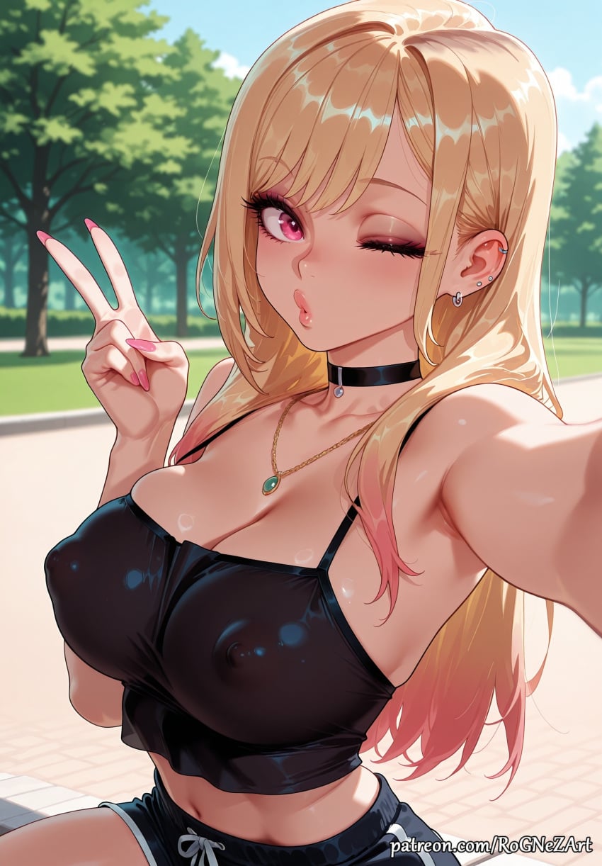 1girl 2026 ai_generated anime armpits bangs barbell_piercing bare_shoulders black_choker blonde_hair blush boobs breasts camisole choker cleavage collarbone colored_tips covered_nipples crop_top crossover day ear_piercing earrings exposed_nipples eye_contact fake_nails female female_focus fingernails flushed gradient_hair gyaru highres huge_breasts industrial_piercing jewelry kitagawa_marin large_breasts lips long_fingernails long_hair looking_at_viewer marin_kitagawa midriff multicolored_hair my_dress_up_darling nail_polish navel necklace nipples nsfw one_eye_closed outdoors parted_lips patreon piercing pink_eyes pink_nails puckered_lips red_eyes rognezart see-through selfie short_shorts shorts sitting solo sono_bisque_doll_wa_koi_wo_suru swept_bangs tree v very_long_hair