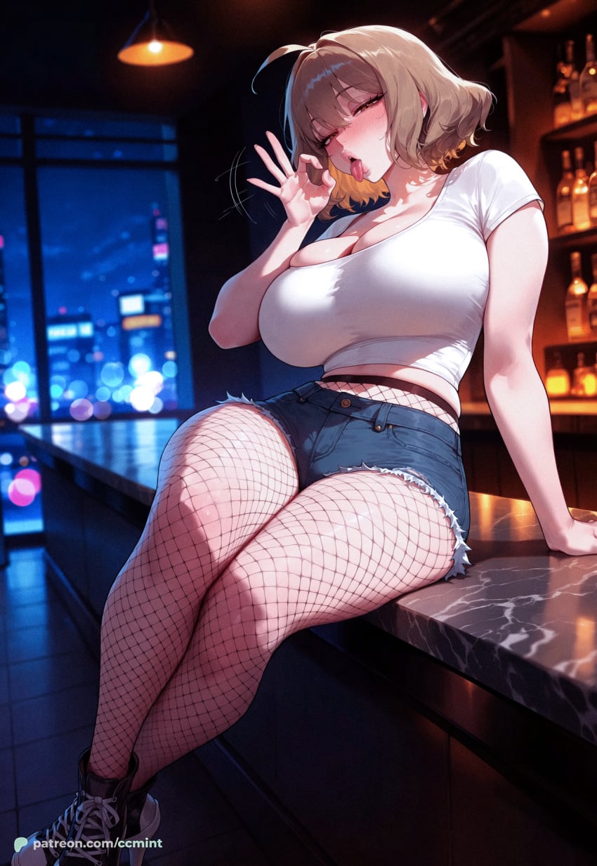 1girl 1girls 2026 ahoge ai_generated alcohol anis_(nikke) arm_support bar_(place) black_footwear blue_shorts blurry blurry_background blush bokeh bottle breasts brown_eyes brown_hair ccmint cleavage collarbone condom condom_wrapper counter crop_top cropped_shirt crossed_ankles crossed_legs cutoffs denim denim_shorts depth_of_field fellatio_gesture female female_focus fishnet_pantyhose fishnets half-closed_eyes handjob_gesture highres huge_breasts indoors large_breasts legs legs_together looking_at_viewer midriff naughty_face navel night nikke open_mouth oral_invitation pantyhose patreon_username red_eyes saliva sexually_suggestive shirt shoes short_hair short_shorts short_sleeves shorts sitting sitting_on_table sneakers solo t-shirt thick_thighs thighs tongue tongue_out twitter_username uncensored white_shirt window