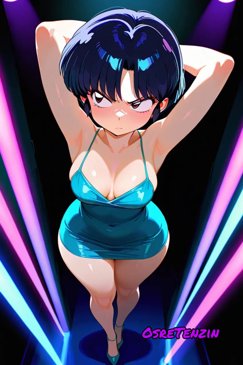 1girl ai_generated akane_tendo angry angry_face arms_behind_head arms_up blue_dress blue_eyes blue_hair breasts dress female female_only girl heels legs nightclub ranma_1/2 sexy short_hair standing