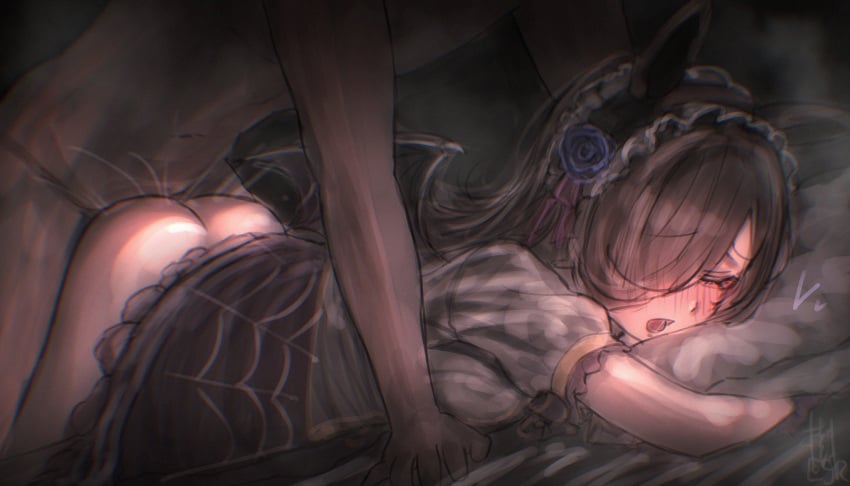 1boy 1girl absurdres animal_ears ass autreeyah bat_wings bed_sheet black_hair black_skirt blush breasts brown_hair closed_mouth commentary dark english_commentary hair_over_one_eye highres horse_ears horse_girl long_hair lying no_panties official_alternate_costume on_stomach open_mouth pillow puffy_short_sleeves puffy_sleeves rice_shower_(umamusume) rice_shower_(vampire_makeover!)_(umamusume) sex sex_from_behind short_sleeves skirt small_breasts solo_focus spider_web_print umamusume wings