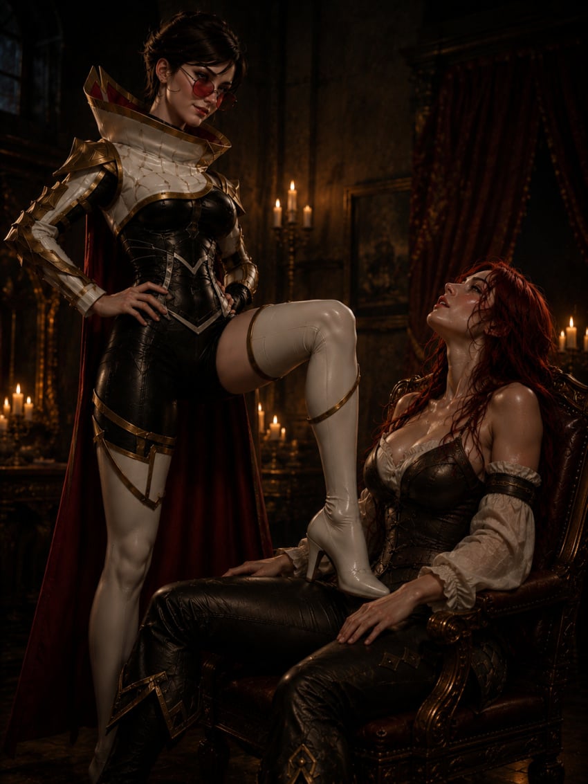 2girls ai ai_generated black_hair bodysuit child_bearing_hips curvaceous curvaceous_body curvaceous_female curvaceous_figure curvaceous_hips curvaceous_thighs dominant dominant_female domination exhausted femdom high_heel_boots high_heels latex latex_clothing latex_suit league_of_legends leather leather_clothing lezdom looking_pleasured miss_fortune red_hair riot_games sarah_fortune sentinel_vayne shauna_vayne short_hair stepped_on sunglasses sweat sweating sweaty sweaty_body tagme the_ruined_king_saga tired vayne waifu worship