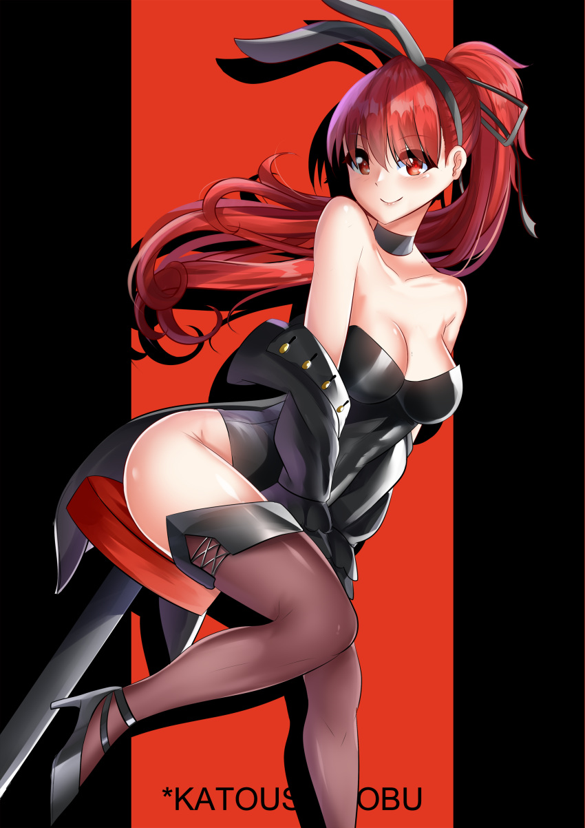 animal_ears bare_shoulders black_legwear breasts bunny_ears bunny_girl bunnysuit female high_heels kasumi_yoshizawa katoushinobu katoushinobu045 persona persona_5 persona_5_royal red_eyes red_hair simple_background sumire_yoshizawa thighhighs