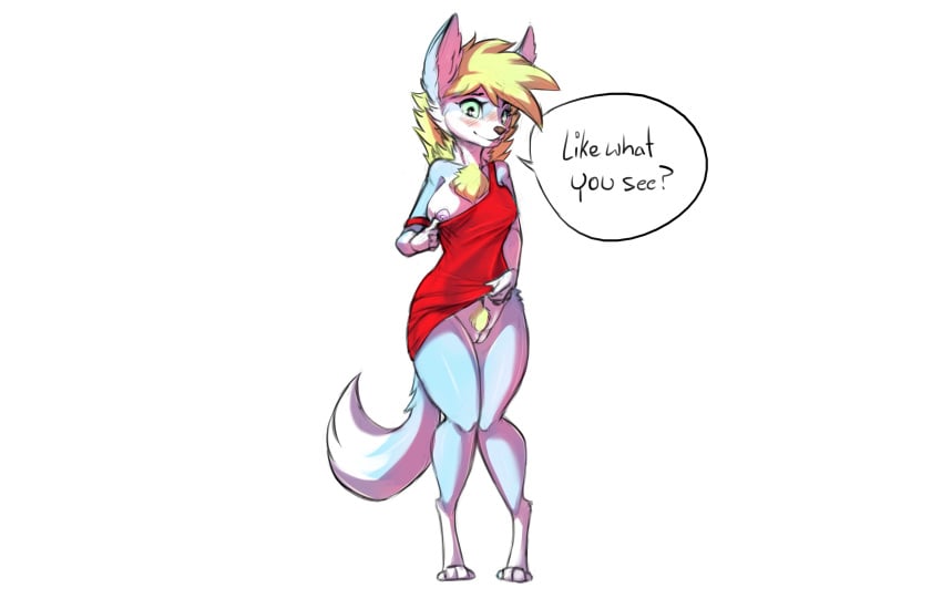 2016 anthro blonde_hair blush breasts canid canine chest_tuft clothing dialogue digitigrade dress female fox green_eyes hair hi_res long_hair looking_at_viewer mammal nipples pussy simple_background smile solo standing talking_to_viewer tuft watsup white_background