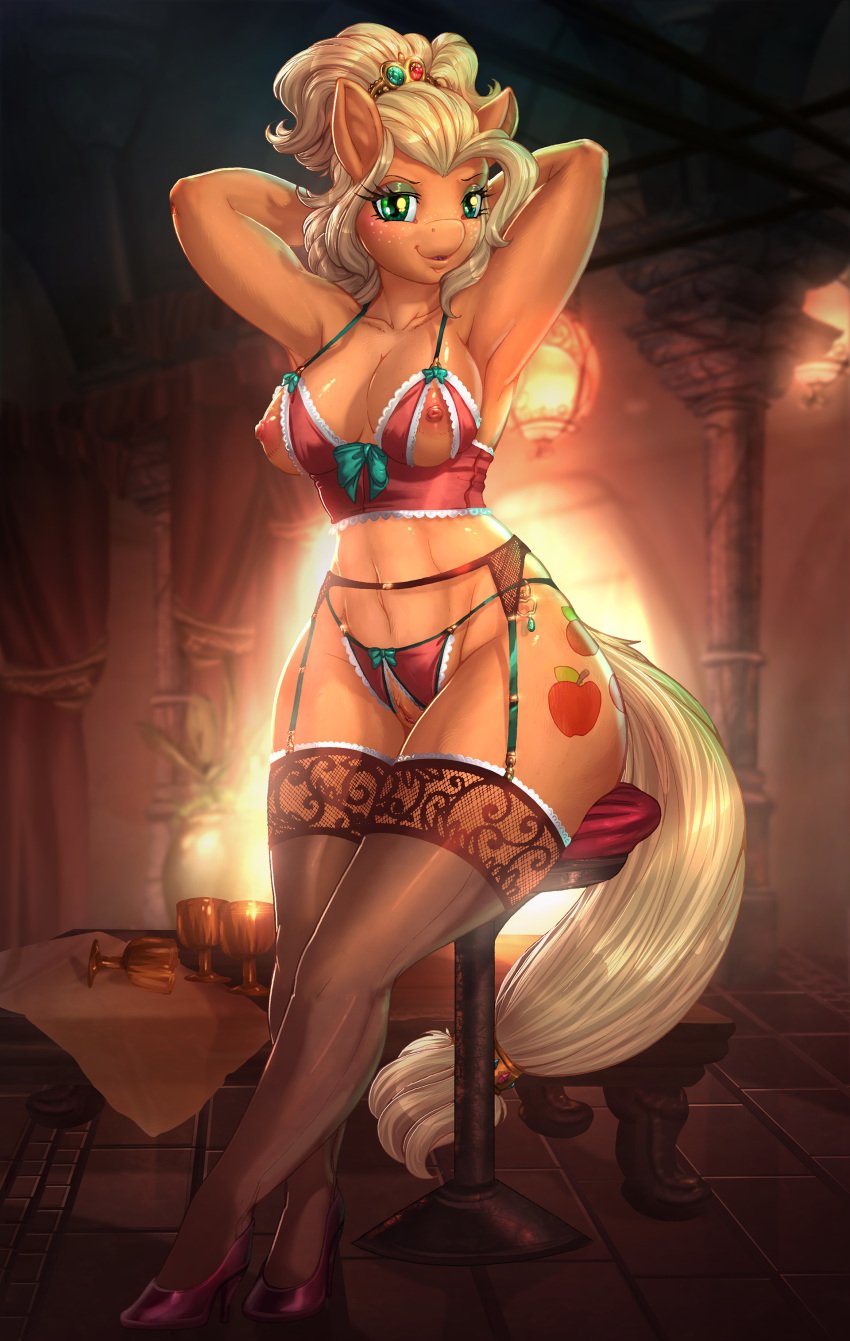 1girls absurd_res anthro anthrofied applejack_(mlp) applejewel bow_bra bow_panties bra breasts chair clothing crotchless_panties cup cutie_mark david_delanty earth_pony equid equine female female_only footwear freckles friendship_is_magic garter_belt garter_straps hi_res high_heels horse invalid_tag lace-trimmed_bra lace-trimmed_panties lace-trimmed_thighhighs legwear lingerie longinius looking_at_viewer mammal my_little_pony navel nippleless_bra nipples pony pussy shoes sitting socks solo solo_female stockings straight_hair thighhighs underwear