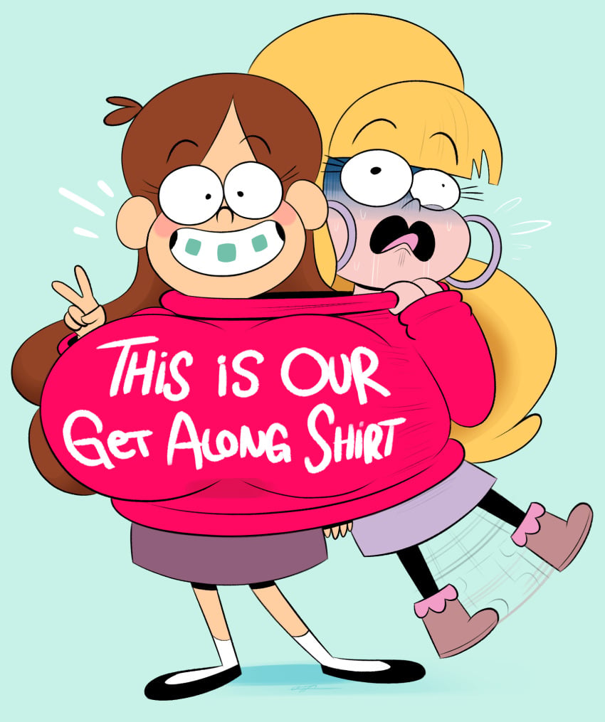2girls big_breasts blonde_hair braces breasts brown_hair choking clothed clothing disney disney_channel female get_along_shirt gravity_falls grin huge_breasts human humor light-skinned_female long_hair mabel_pines ota_(artist) pacifica_northwest shirt shortstack skirt v_sign
