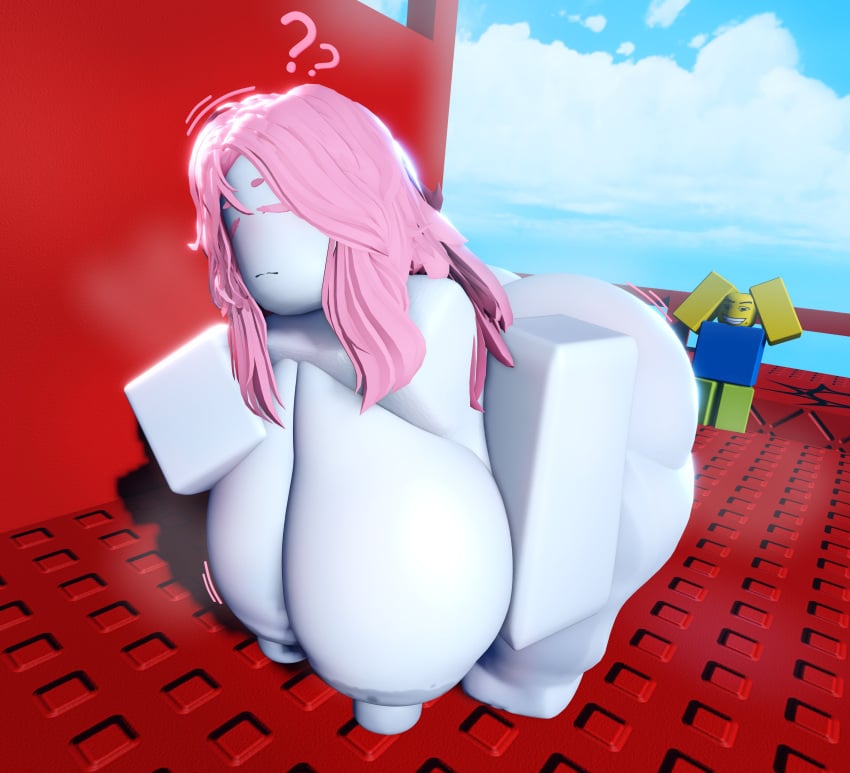 1boy 1girls 3d areolae background_character barefoot breasts closed_eyes completely_nude_female doomspire_brickbattle female female_focus full_body huge_breasts long_hair male naked naked_female nipples noob nude nude_female pink_hair reinarulez roblox roblox_game robloxian solo_focus