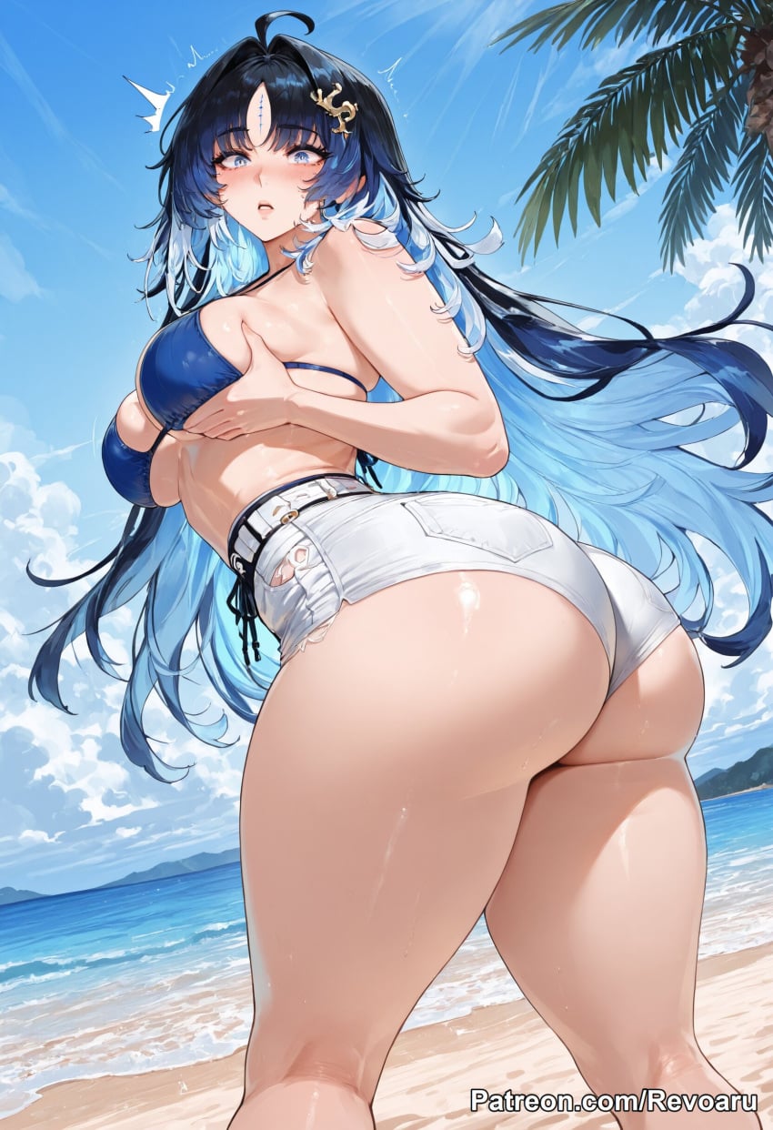 1girl ai_generated bikini breast_grab female grabbing grabbing_breasts mature_female revoaru thick_thighs thighs wuthering_waves yangyang_(wuthering_waves)