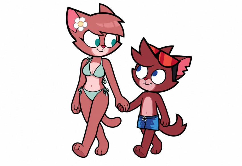 age_difference ai_generated barefoot bikini delia_(ajmarekart) domestic_cat feline furry height_difference looking_at_another mother_and_child mother_and_son murphy_(ajmarekart) murphy_and_mitzi shorts simple_background tagme walking