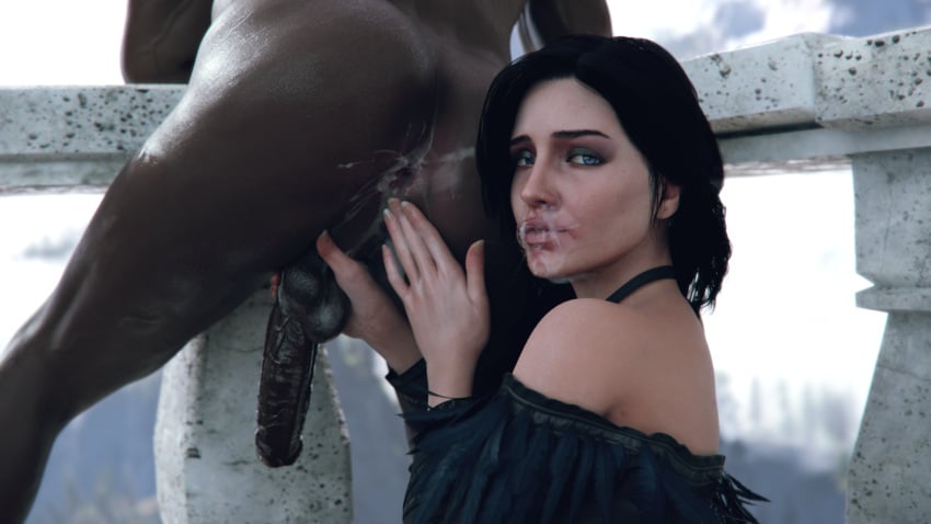 1boy 1girls 3d anilingus anus balcony big_penis black_hair cd_projekt_red choker closed_eyes dark-skinned_male dark_skin eating_ass female handjob interracial kaer_morhen leeterr light-skinned_female light_skin male male_ass mascara masturbating_other necklace nude_male outdoors penis penis_grab rimjob rimming rimming_male saliva saliva_trail testicles the_witcher_(series) the_witcher_3:_wild_hunt yennefer