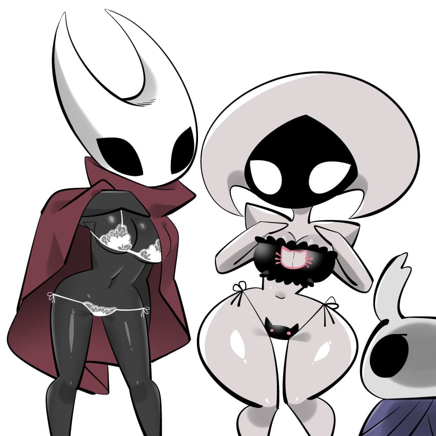 2girls breasts cat_lingerie female hollow_knight hollow_knight:_silksong hornet_(hollow_knight) lace_(hollow_knight) lingerie monodie protagonist_(hollow_knight)