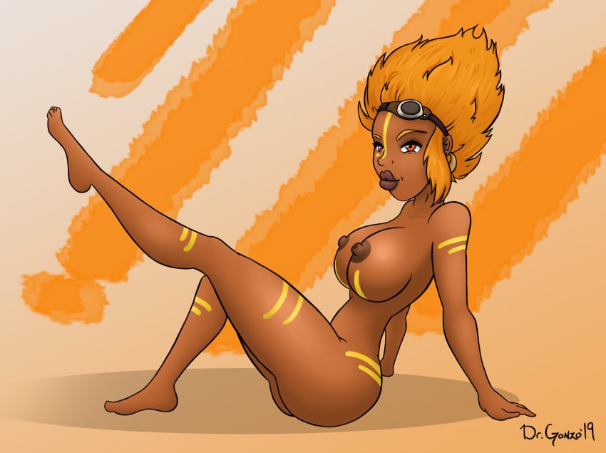 artist_name artist_signature ass ayana_kwena body_markings body_tattoo breasts commission dark-skinned_female dark_nipples dark_skin drgonzo headgear huge_breasts legs markings nipples nude orange_eyes orange_theme raiders_of_the_broken_planet sitting spacelords video_games