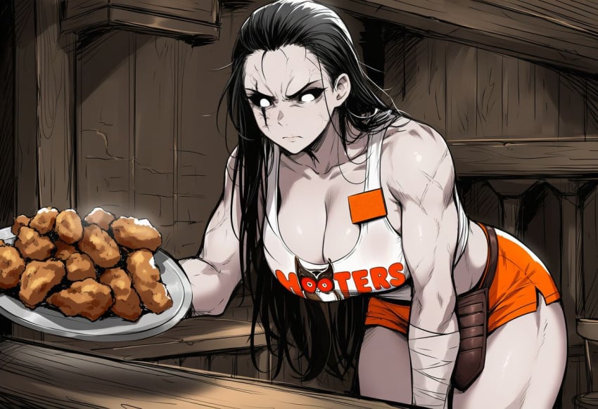 1girls abs ai_generated black_hair black_sclera breasts clothed clothes clothing female food hooters hooters_uniform horror horror_(theme) large_breasts long_hair monster_girl muscles necromancer original original_character paigen pale_skin pouch ravena_(paigen) scar scar_over_eye shirt shorts toned_body toned_female white_eyes wrappings