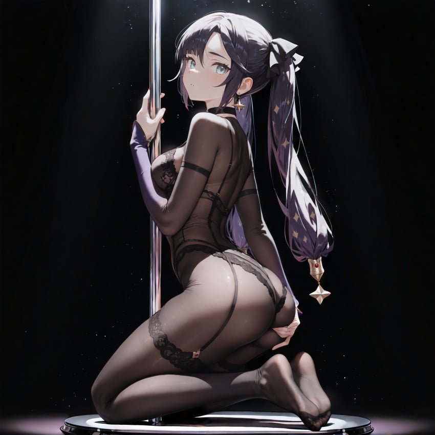 1girls ai_generated ass_focus ass_grab genshin_impact high_quality high_resolution highres mona_(genshin_impact) solo strip_club stripper_pole