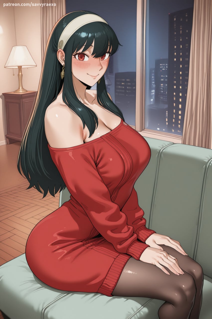 1girl ai_generated bangs bare_shoulders black_hair black_legwear blush breasts cleavage closed_mouth collarbone couch dress earrings hairband hi_res high_quality high_resolution huge_breasts indoors jewelry large_breasts long_hair looking_at_viewer off-shoulder_sweater off_shoulder pantyhose patreon red_dress red_eyes savvyraexo seductive sexy sidelocks sitting smile solo spy_x_family sweater sweater_dress uncensored watermark yor_briar