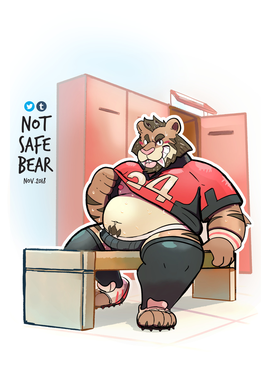 1boy 2018 absurd_res anthro beard belly big_belly blush brown_hair chubby clothed clothing facial_hair fangs feet felid furry hair hi_res jersey jock jockstrap locker_room male male_only mammal moobs nipples notsafebear original_character paws precum precum_through_clothing purple_eyes roantiger sabertooth_tiger sitting solo thick_thighs tongue tongue_out underwear wet wet_clothing wide_hips