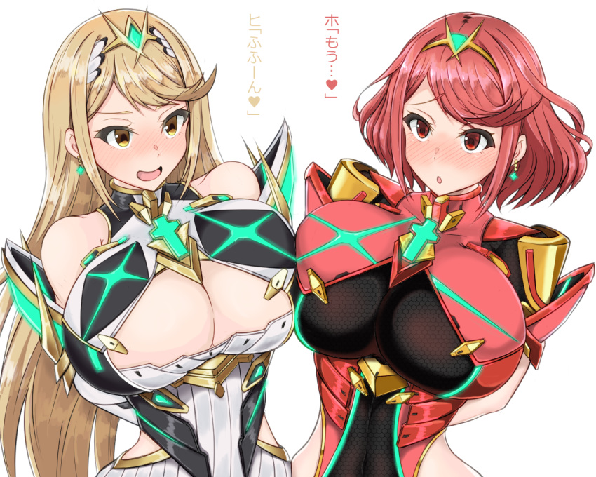 2girls :o blonde_hair blush breast_to_breast breasts cleavage cleavage_cutout covered_navel dress dual_persona earrings eyebrows_visible_through_hair gatyo_5 gem hair_ornament headpiece heart huge_breasts jewelry large_breasts long_hair multiple_girls mythra nervous nintendo open_mouth pyra red_eyes red_hair short_hair shy smile tiara translation_request upper_body very_long_hair xenoblade_(series) xenoblade_chronicles_2 yellow_eyes